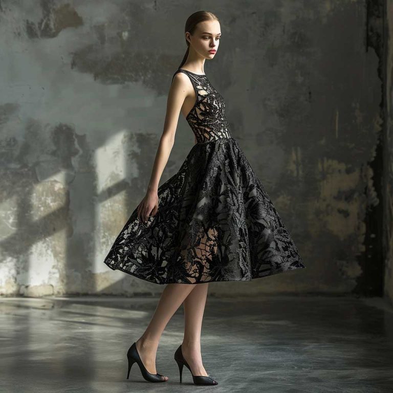 Fashion model posing in a contemporary laser cut Jacquard cocktail dress