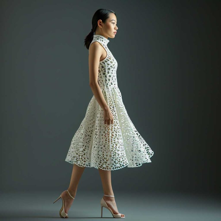 Runway model in a delicate laser cut Jacquard designer dress with intricate details
