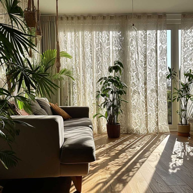 Luxurious living room featuring elegant Jacquard laser cut curtains with intricate designs