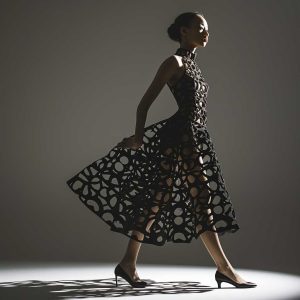 Elegant model in a laser cut Jacquard evening gown with intricate patterns