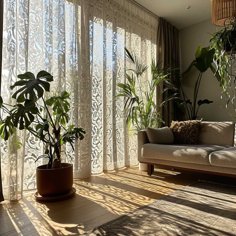 Modern living room with chic Jacquard laser cut window treatments