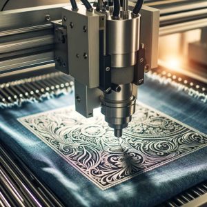 Laser engraving machine precisely creating intricate designs on denim fabric, illustrating advanced textile processing technology.